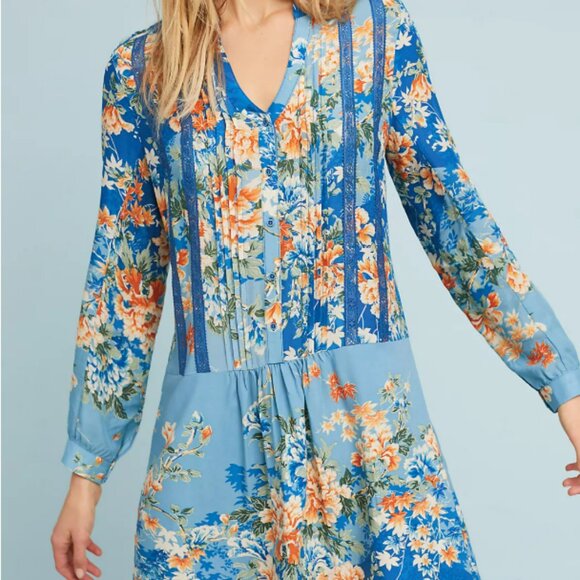 Anthropologie TINY Gaina Floral Blue and Orange Boho Long Sleeve Dress Size XXS - Picture 13 of 14